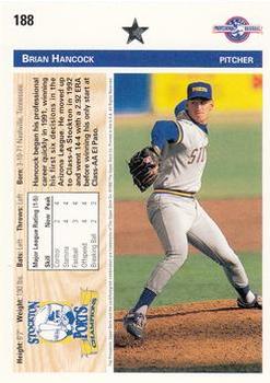 1992 Upper Deck Minor League #188 Brian Hancock Back
