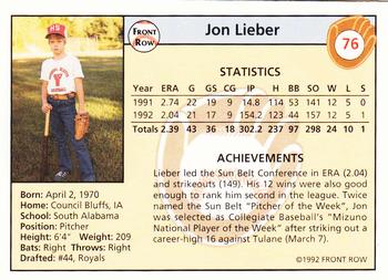 1992 Front Row Draft Picks - Silver #76 Jon Lieber Back