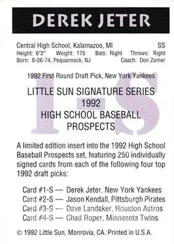 1992 Little Sun High School Prospects - Autographs #NNO Derek Jeter Back
