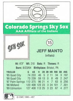 1990 CMC Colorado Springs Sky Sox #15 Jeff Manto Back