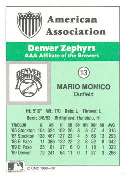 1990 CMC Denver Zephyrs #13 Mario Monico Back
