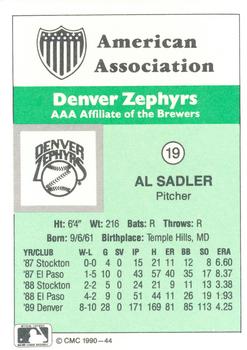 1990 CMC Denver Zephyrs #19 Al Sadler Back