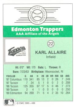 1990 CMC Edmonton Trappers #22 Karl Allaire Back
