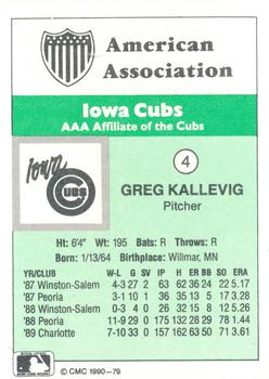 1990 CMC Iowa Cubs #4 Greg Kallevig Back