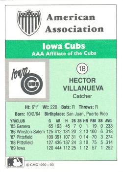 1990 CMC Iowa Cubs #18 Hector Villanueva Back