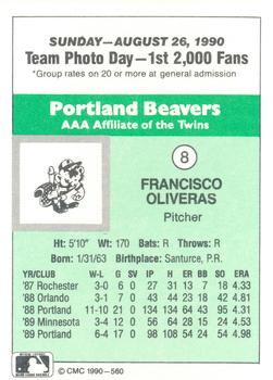 1990 CMC Portland Beavers #8 Francisco Oliveras Back