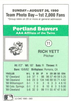 1990 CMC Portland Beavers #11 Rich Yett Back