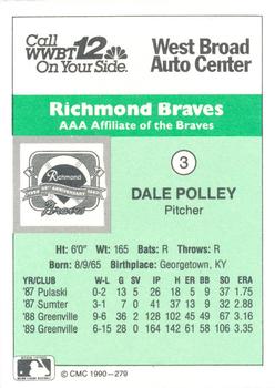 1990 CMC Richmond Braves #3 Dale Polley Back