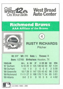 1990 CMC Richmond Braves #4 Rusty Richards Back