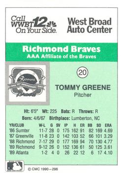 1990 CMC Richmond Braves #20 Tommy Greene Back