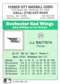 1990 CMC Rochester Red Wings #20 J.J. Bautista Back