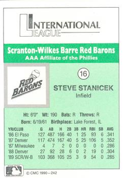 1990 CMC Scranton Red Barons #16 Steve Stanicek Back