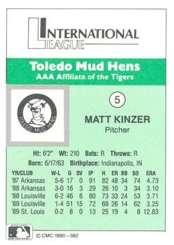 1990 CMC Toledo Mud Hens #5 Matt Kinzer Back