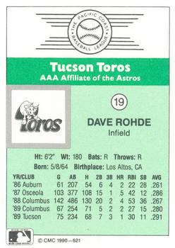 1990 CMC Tucson Toros #19 David Rohde Back