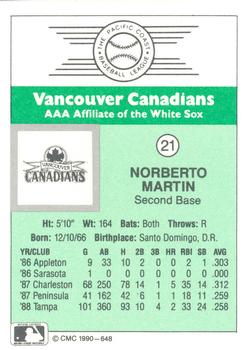 1990 CMC Vancouver Canadians #21 Norberto Martin Back