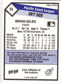 1989 CMC Colorado Springs Sky Sox #13 Brian Giles  Back