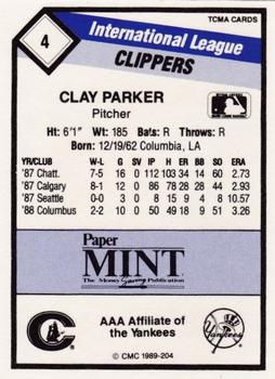 1989 CMC Columbus Clippers #4 Clay Parker  Back