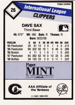 1989 CMC Columbus Clippers #26 Dave Sax  Back