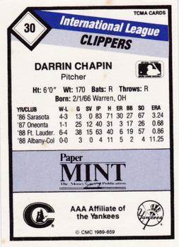 1989 CMC Columbus Clippers #30 Darrin Chapin  Back