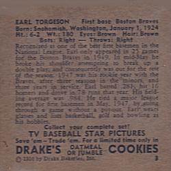 1950 Drake's TV Baseball Series (D358) #3 Earl Torgeson Back