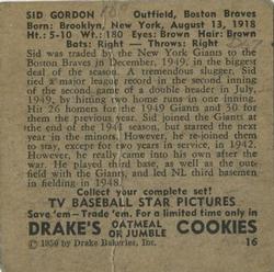 1950 Drake's TV Baseball Series (D358) #16 Sid Gordon Back