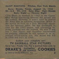 1950 Drake's TV Baseball Series (D358) #2 Clint Hartung Back
