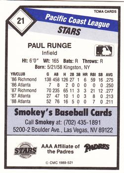 1989 CMC Las Vegas Stars #21 Paul Runge  Back