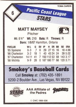 1989 CMC Las Vegas Stars #6 Matt Maysey  Back