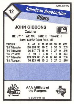 1989 CMC Oklahoma City 89ers #12 John Gibbons  Back