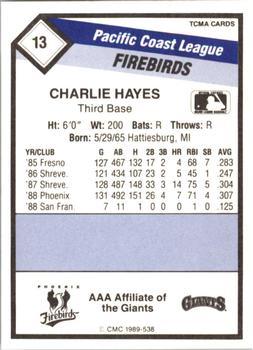 1989 CMC Phoenix Firebirds #13 Charlie Hayes  Back