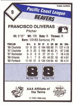 1989 CMC Portland Beavers #9 Francisco Oliveras  Back