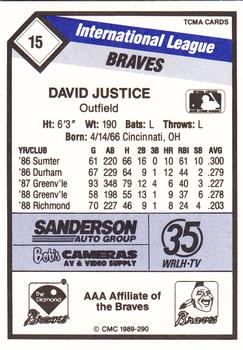 1989 CMC Richmond Braves #15 David Justice  Back