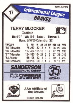 1989 CMC Richmond Braves #17 Terry Blocker  Back