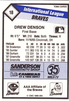 1989 CMC Richmond Braves #18 Drew Denson  Back