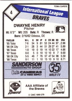 1989 CMC Richmond Braves #4 Dwayne Henry  Back