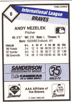 1989 CMC Richmond Braves #6 Andy Nezelek  Back