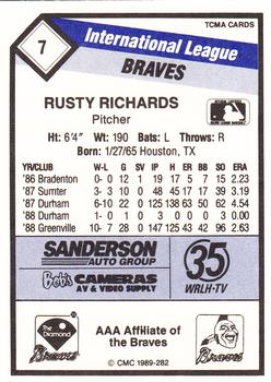 1989 CMC Richmond Braves #7 Rusty Richards  Back
