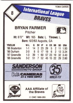 1989 CMC Richmond Braves #8 Bryan Farmer  Back