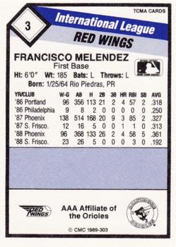1989 CMC Rochester Red Wings #3 Francisco Melendez  Back