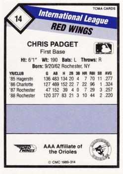 1989 CMC Rochester Red Wings #14 Chris Padget  Back