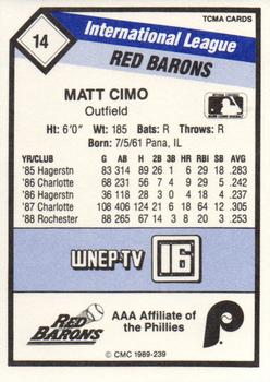 1989 CMC Scranton/Wilkes-Barre Red Barons #14 Matt Cimo  Back