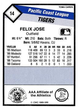 1989 CMC Tacoma Tigers #14 Felix Jose  Back
