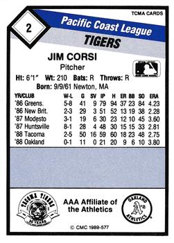 1989 CMC Tacoma Tigers #2 Jim Corsi  Back