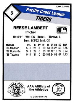 1989 CMC Tacoma Tigers #3 Reese Lambert  Back