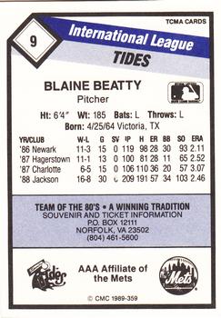 1989 CMC Tidewater Tides #9 Blaine Beatty  Back
