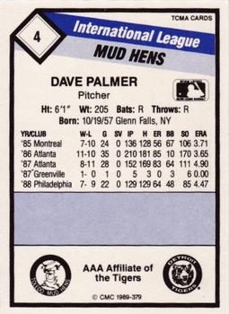 1989 CMC Toledo Mud Hens #4 Dave Palmer  Back