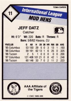 1989 CMC Toledo Mud Hens #11 Jeff Datz  Back