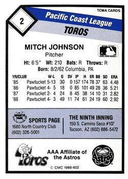 1989 CMC Tucson Toros #2 Mitch Johnson  Back