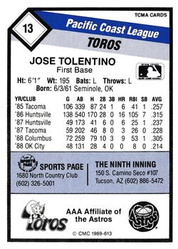1989 CMC Tucson Toros #13 Jose Tolentino  Back