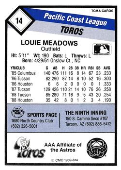 1989 CMC Tucson Toros #14 Louie Meadows  Back